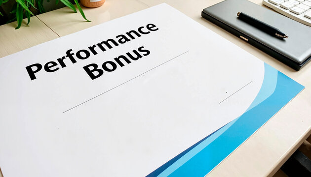 Performance Bonus certificate template on a desk next to a pen and notebook, bonuses and rewards theme 
