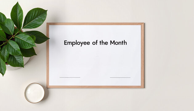 Employee of the Month certificate template in a wooden frame on a light background, bonuses and rewards theme 