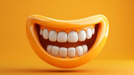 A 3D rendering of a cartoon mouth with white teeth smiling brightly against a yellow background.