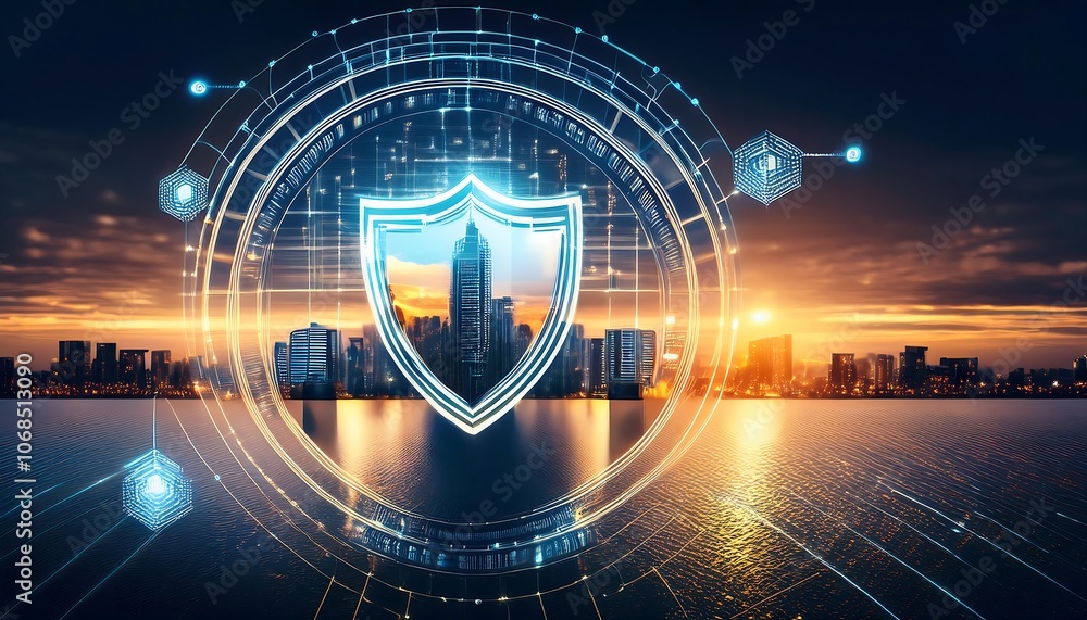 Poster a glowing shield with a padlock icon hovers over a cityscape, representing urban data security and c
