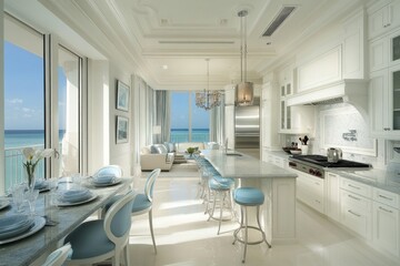 Fototapeta premium Modern Kitchen with Ocean View and White Cabinetry