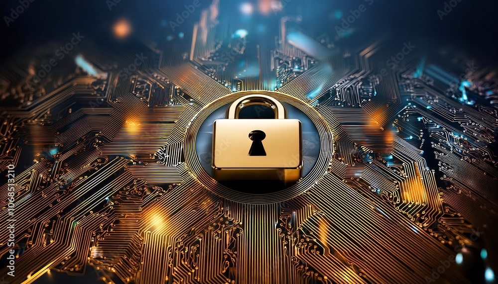 Poster a golden padlock sits on a gold circuit board, emphasizing the importance of secure data in a digita