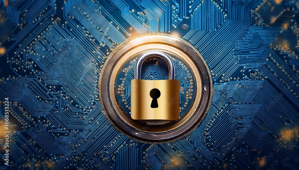 Aufkleber a golden padlock sits on a gold circuit board, emphasizing the importance of secure data in a digita