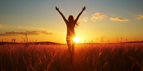 Happy woman jumping and enjoying life in field at sunset or sunrise.