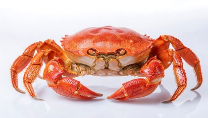 A large cooked crab with a reddish-orange shell is presented against a white background