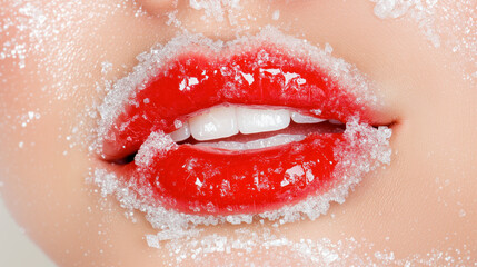 Fototapeta premium Woman's lips covered with sugar crystals close-up