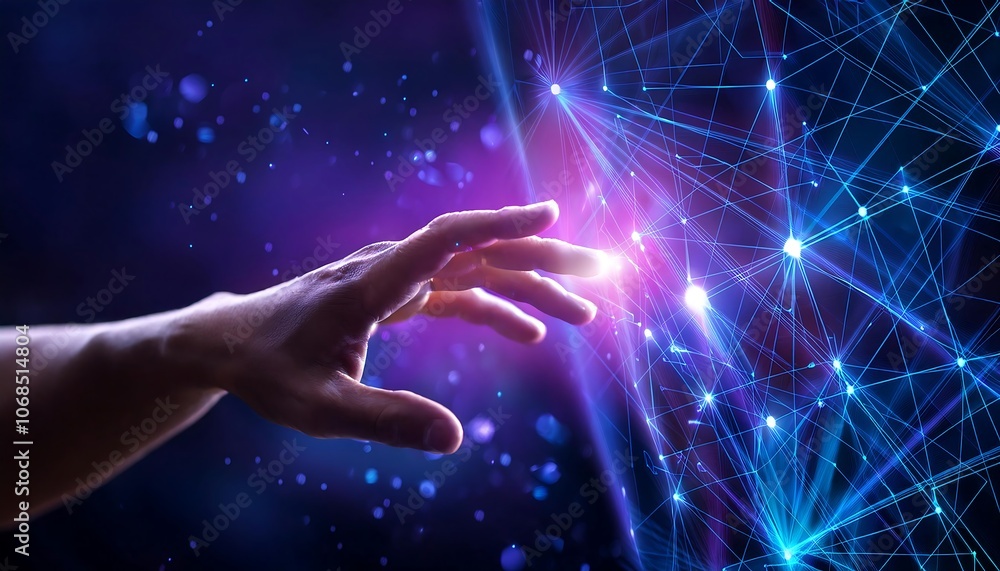 Poster a wireframe hand extends into a network of glowing nodes and interconnected lines, representing digi