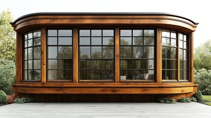A large bay window with smooth glass panels and a wooden frame, shown in ultra-high definition on a white background.