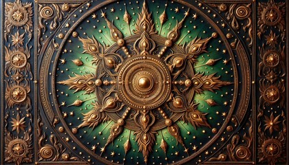 Obraz premium Antique brass clock face with ornate mandala pattern, reminiscent of church architecture and vintage Italian design