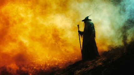 Black sorcerer on misty hill with yellow smoke