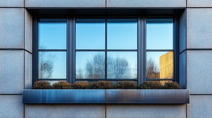 A large rectangular window with metal accents and frosted glass, shown on a clean white background.