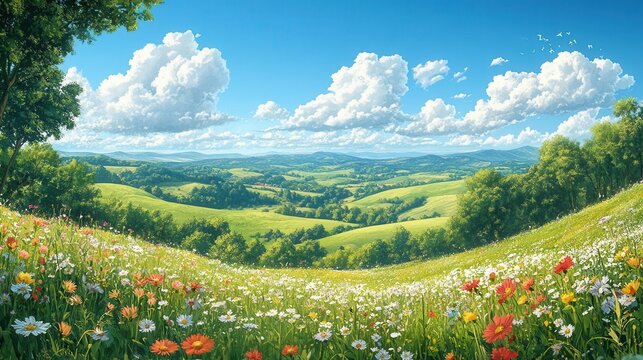 cartoon-style summer landscape illustrating rolling green hills, dotted with wildflowers under a bright blue sky, fluffy clouds floating gently, evoking a sense of peace and the beauty of nature
