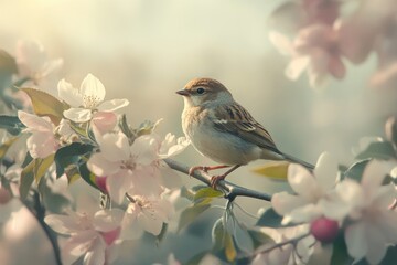 A beautiful little bird perched on the branch of an apple tree, surrounded by delicate white and pink blossoms.