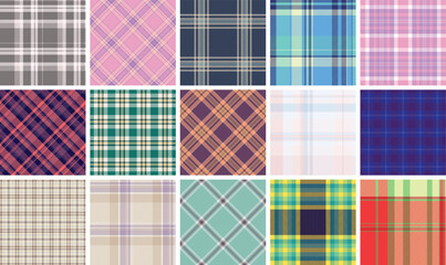 Geometric plaid patterns in trendy colors, great for textile designs, fabric prints, or stylish clothing material.