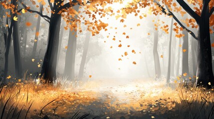 Foggy forest scene with scattered golden leaves, capturing the tranquil mood of November