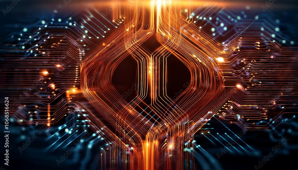 Poster glowing orange circuit pattern shines on dark background. technology and complex connections.