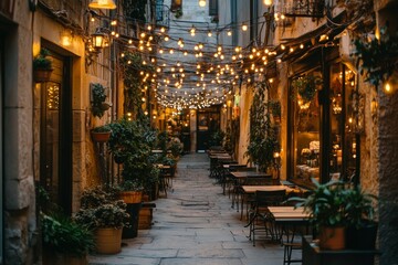 Charming Evening Stroll: A Enchanting Alleyway Adorned with Twinkling Lights and Lush Greenery, Perfect for Romantic Dining Experiences