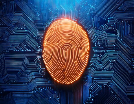 Glowing orange fingerprint symbol above blue digital circuit board.