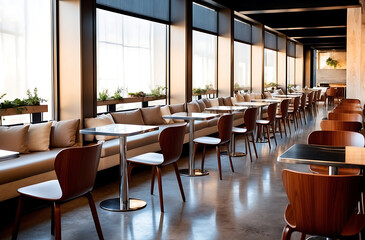 Obraz premium Modern open-plan office with large windows and city view.