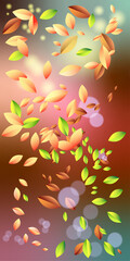 Autumn background with leaves. Decorated with various fireflies, highlights of the side.