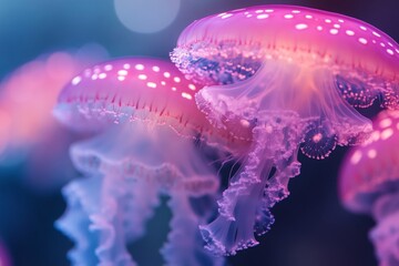 Obraz premium Vibrant jellyfish swim elegantly in an aquarium, surrounded by dreamlike blue and pink lights that enhance their translucent beauty and gentle movements