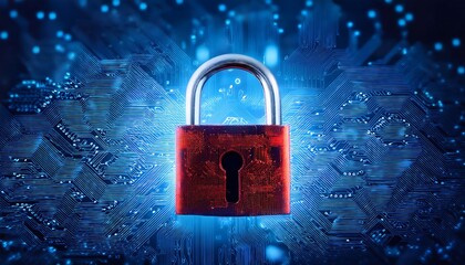 The glowing red padlock, consisting of connecting lines on a blue glowing circuit board, symbolizes cybersecurity and digital protection.