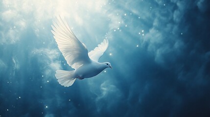 White dove in flight, soaring through a bright, celestial sky.
