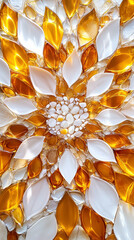 A vibrant floral mosaic made of amber and white pieces, highlighting its detailed craftsmanship and striking colors