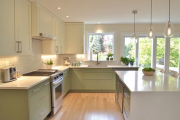 Modern Kitchen with Light Green Cabinets and White Countertops