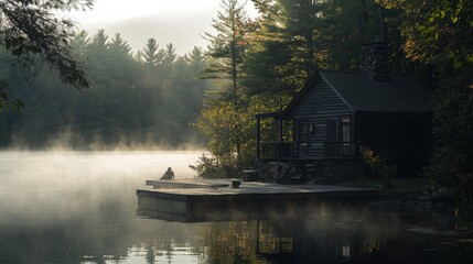 Fototapeta premium A serene lakeside cabin, with a person sitting on the dock, enjoying the early morning mist