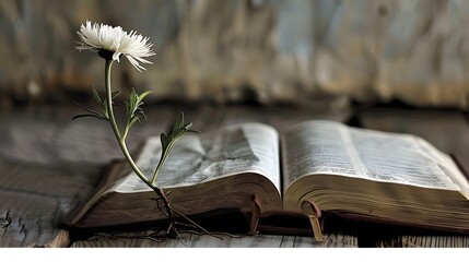 A vibrant flower blossoming from the pages of an open Bible. Faith, hope, spiritual,religion,sacred,holy,life,spirituality,inspiration, spiritual growth, spiritual journey