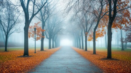 Naklejka premium Path through a November park with fog and bare trees, creating a mysterious and peaceful scene