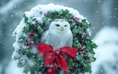 Obraz premium Snowy Owl in Wreath White owl sitting in a decorated holiday wreath with holly, berries, and a red bow, set against a snowy background for festive mockups 