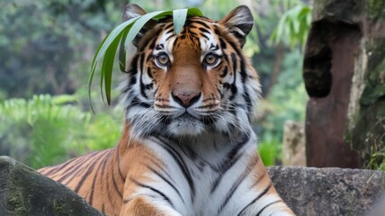 Obraz premium Wild Tiger Portrait in Jungle Setting with Green Leaf, Ideal for Wildlife Art and Nature Themes