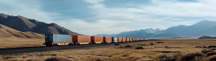 Obraz premium Freight train loaded with colorful containers traveling through a scenic landscape, symbolizing global trade and logistics.