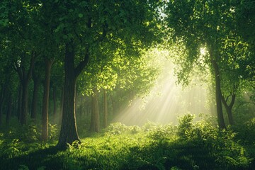 Fototapeta premium The bright sun is shining beautifully through the tall trees in the forest