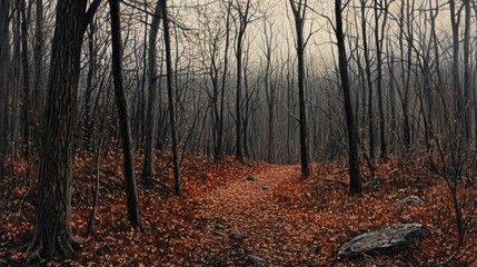 Fototapeta premium Path through a quiet November forest with bare trees and fallen leaves, capturing late autumn