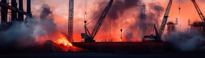 Dynamic skyline transformation: Massive construction project featuring cranes and steel structures in progress.