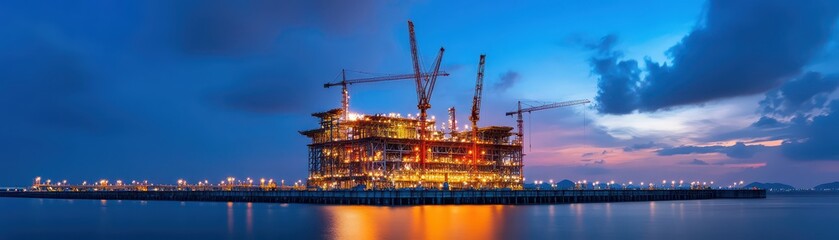 Fototapeta premium Dynamic skyline transformation: Massive construction project featuring cranes and steel structures in progress.