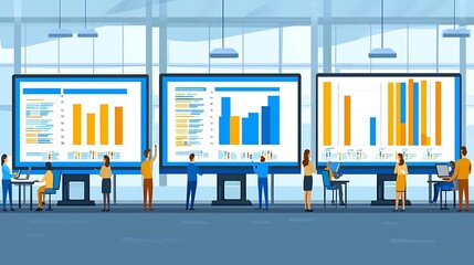 Obraz premium Businesspeople analyzing data and charts on large screens in an office