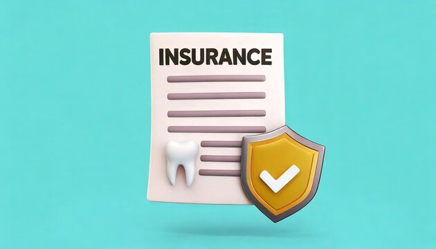 An illustration of a dental insurance document alongside a tooth icon and a shield symbol, representing coverage and protection for dental care.