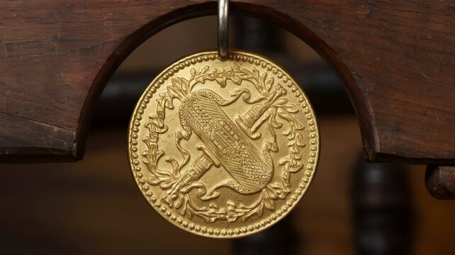 Golden doubloon with intricate designs on wooden rod against dark background for historical or treasure hunt visuals