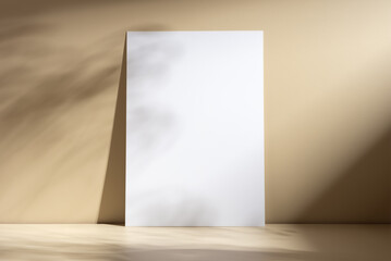 Minimalist beige background with a blank white poster, creating contrast and shadow play for an abstract, modern composition