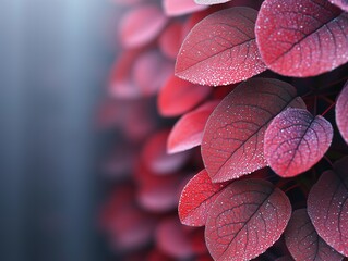 Obraz premium Close-up of vibrant red leaves with water droplets glistening under soft light, showcasing organic beauty in detailed texture and rich hues, perfect for nature and decoration themes, space for text