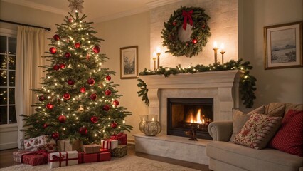 Fototapeta premium Cozy Christmas living room with a beautifully decorated tree, gifts under the tree, and a lit fireplace adorned with a wreath and candles, creating a warm and inviting holiday atmosphere for the festi