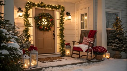 Fototapeta premium Charming Christmas porch decorated with a festive wreath, garlands, and lights around the door. A cozy rocking chair with pillows and blankets sits beside small evergreen trees and lanterns, creating 