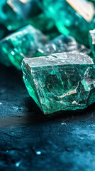 Vibrant green crystals sit on a dark, textured surface, showcasing their striking colors and unique facets