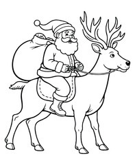 Santa Claus and bag riding on the deer, Christmas coloring page for kids