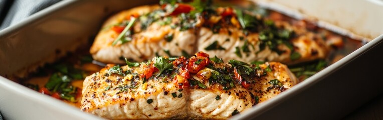 Succulent baked salmon fillets are topped with vibrant herbs and spices, showcasing a flavorful meal ready to be served on a wooden countertop