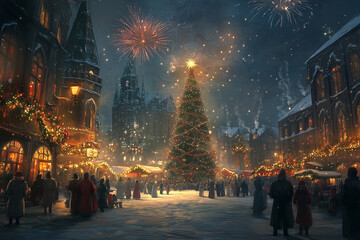 City square decorated with lights and garlands, with a large Christmas tree in the center, celebrating people in winter clothes and fireworks in the night sky, cartoon style